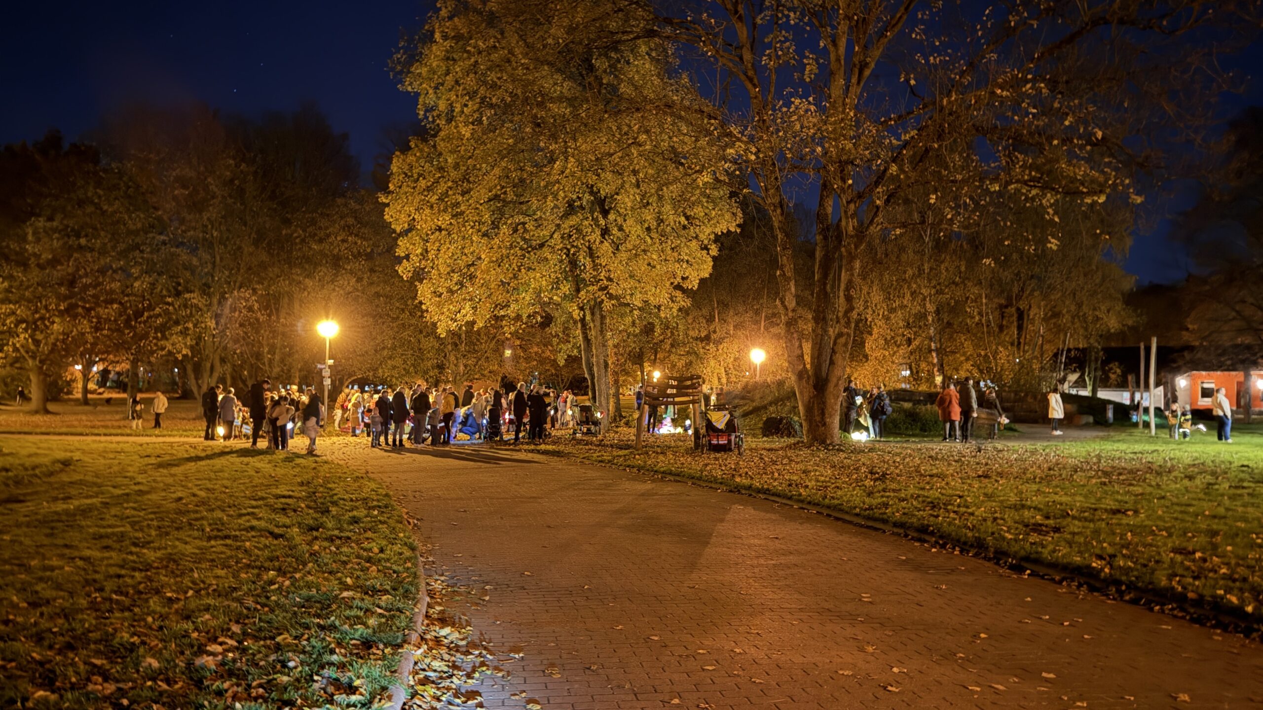 Im Park: eine Gruppe von Menschen hat sich versammelt. Ich stehe abseits, sehe die Gruppe, aber bin zu weit entfernt, um mit einer Person interagieren zu können.