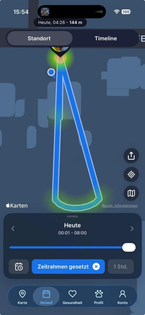 Bewegungsdaten des Trackers zwischen Mitternacht und 8 Uhr. Sie zeigen, dass Luna viel im Garten hin- und hergelaufen ist, aber das Grundstück zu keinem Zeitpunkt verlassen hat.